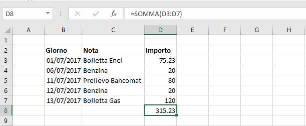 Funzione somma di Excel - Esempio 1