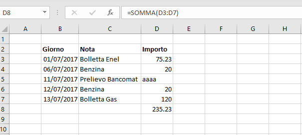 Funzione somma di Excel - Esempio 2