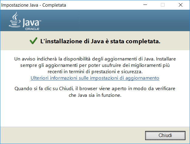 Installare Java - Installazione Completata