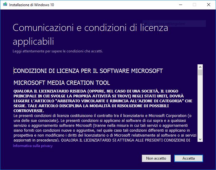 Aggiornare Windows 10 - Accetto Licenza
