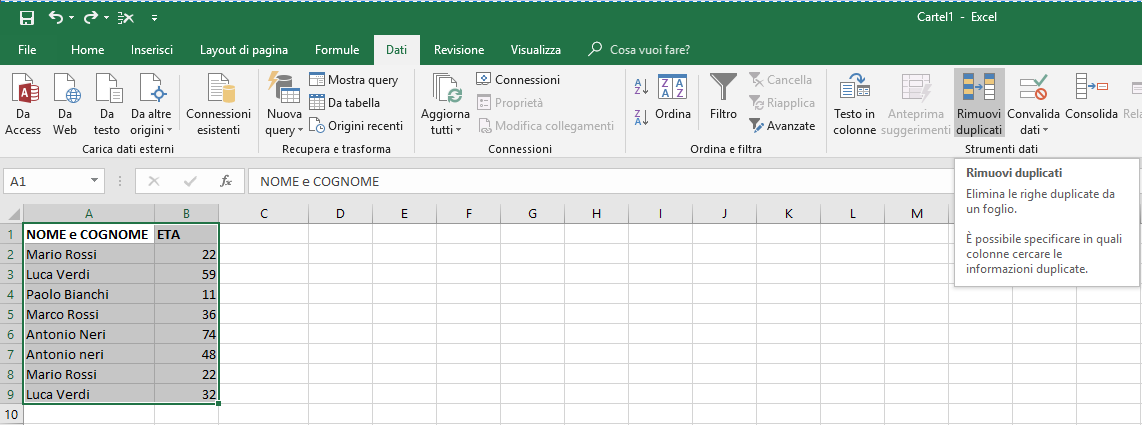 Rimuovere Duplicati in Excel - Dati