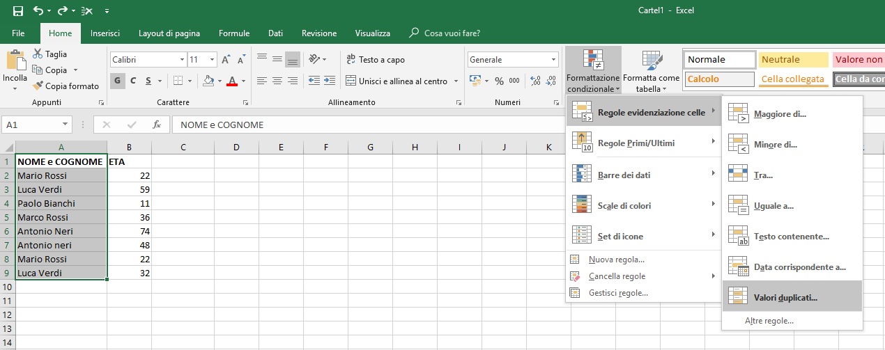 Ricercare Duplicati In Excel - Formattazione Condizionale
