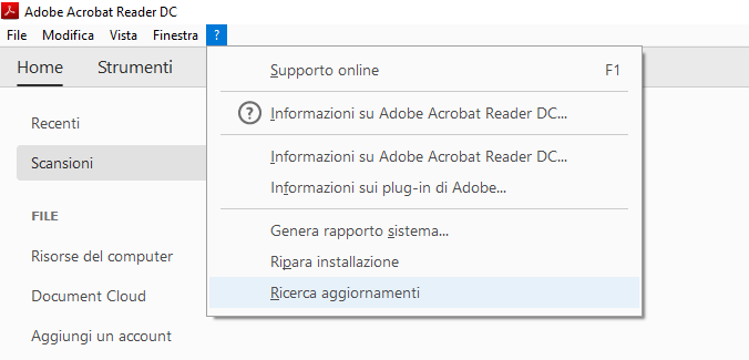 Crash di Adobe Reader DC - Ricerca Aggiornamenti