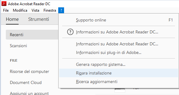 Crash di Adobe Reader DC - Ripara Installazione