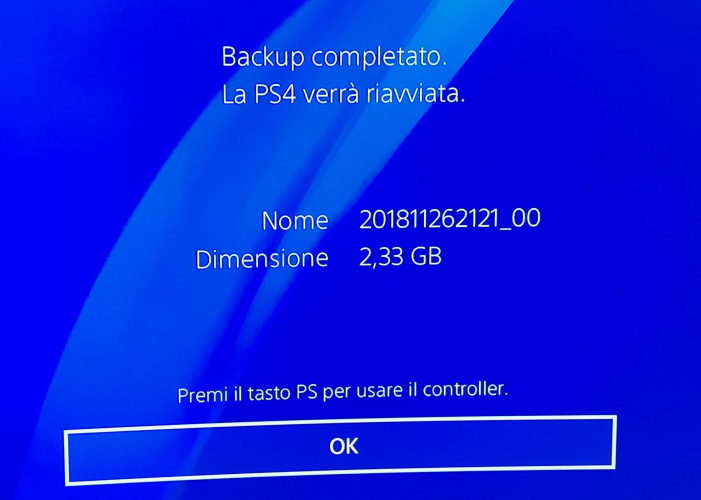 Backup della PS4 - BackUp Completato