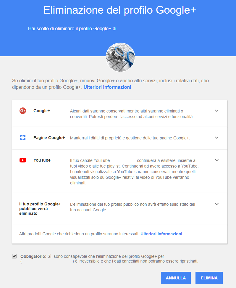 Cancellare un Account Google+ - Conferma Eliminazione