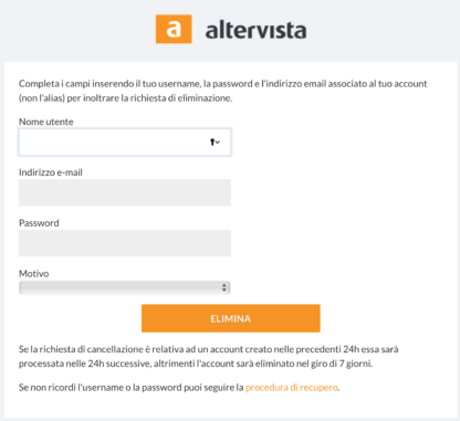 Chiudere un sito Altervista - Pagina cancellazione